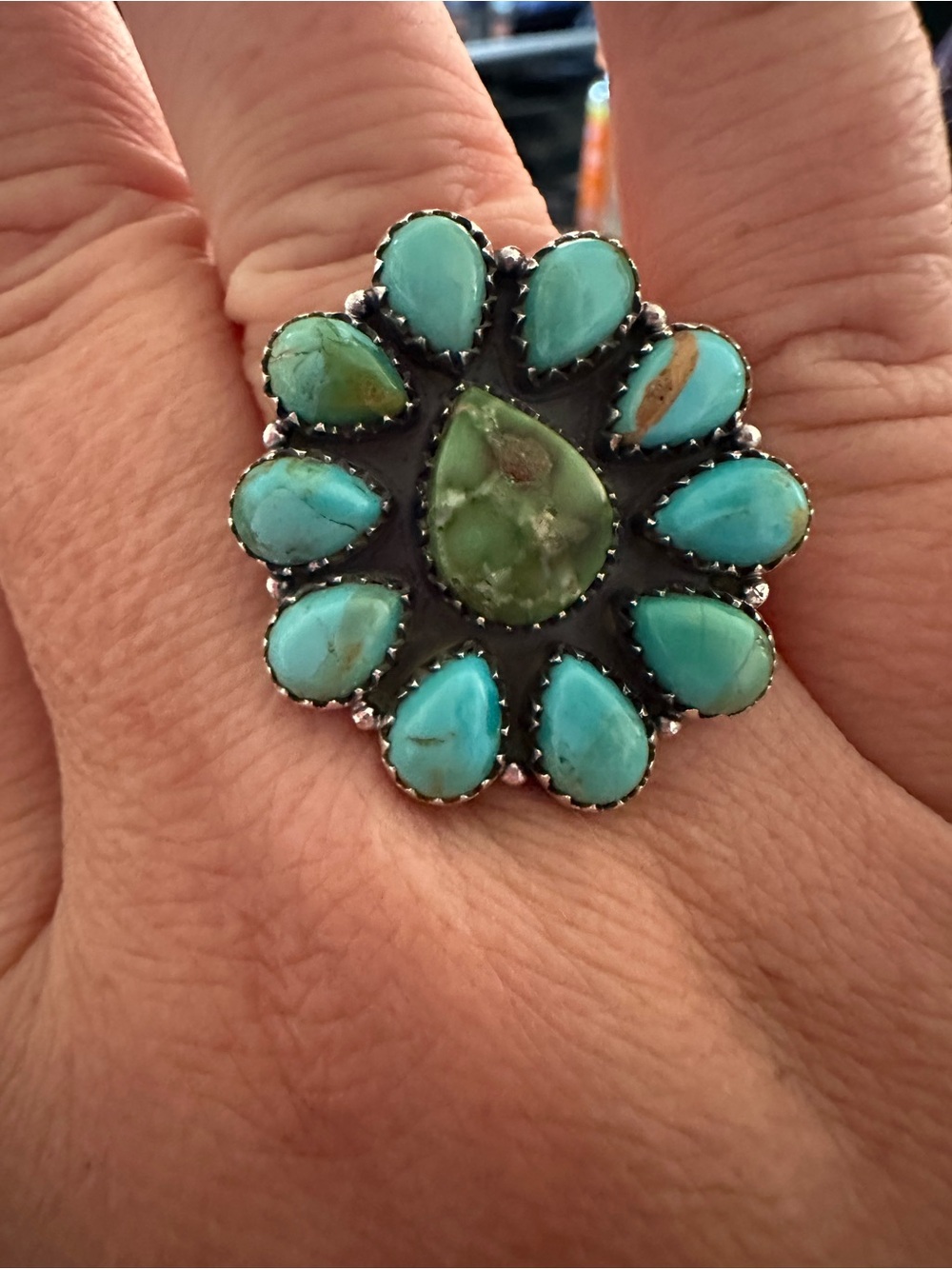 Turquoise Cluster Statement Ring - Green/Blue Gemstones Sterling - Picture 6 of 6